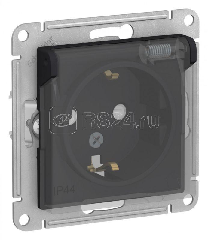 Розетка 1-м СП AtlasDesign Aqua 16А IP44 с заземл. защ. шторки с прозр. крышкой механизм карбон SE ATN441046