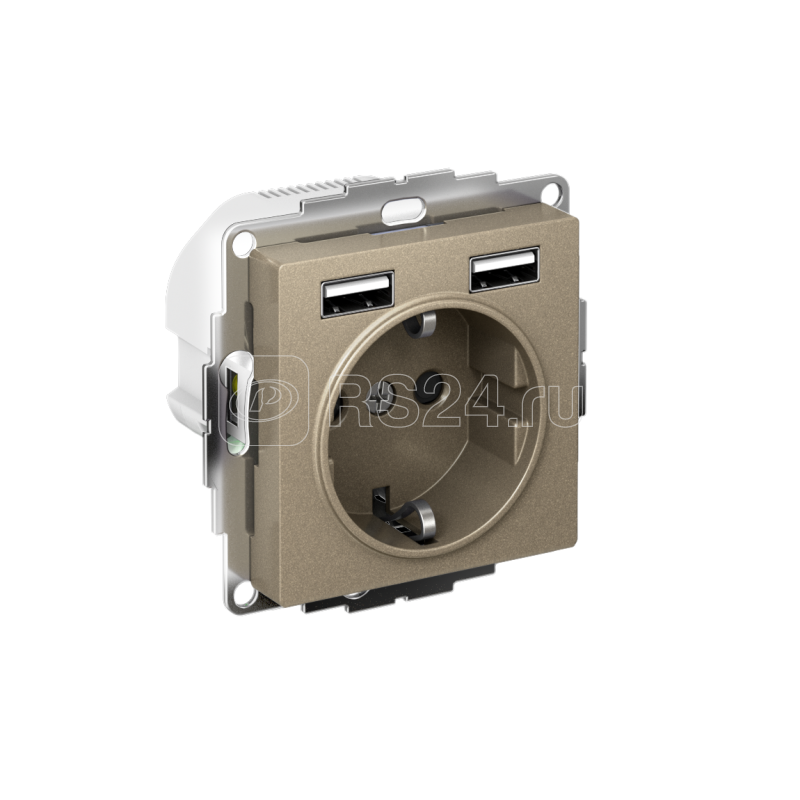 Розетка 1-м СП AtlasDesign 16А IP20 с 2-мя заряд. устройствами USB тип A+A 5В/2.4А 2х5В/1.2А механизм шампань SE ATN000530