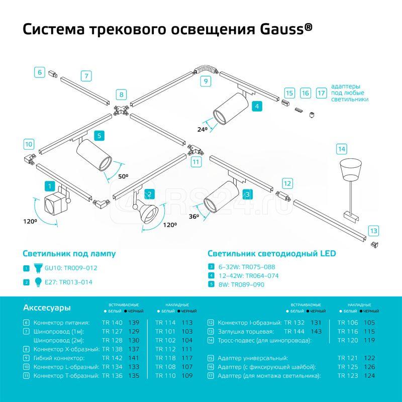 Коннектор Track однофазный для трековых шинопроводов (T) бел. GAUSS TR110