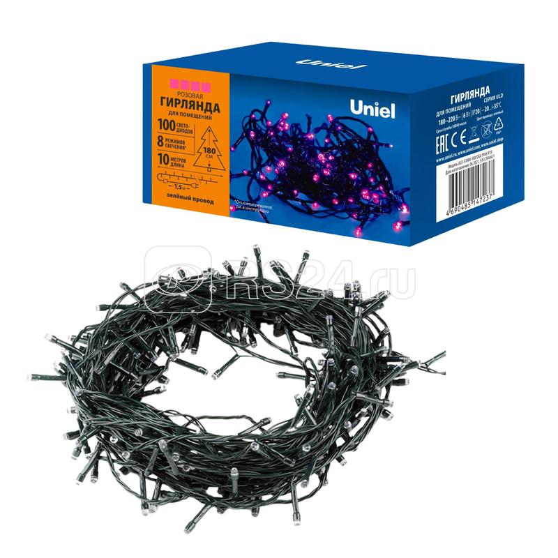 Гирлянда светодиодная ULD-S1000-100/DGA PINK IP20 10м 100 LED роз. свет провод зел. Uniel UL-00008406