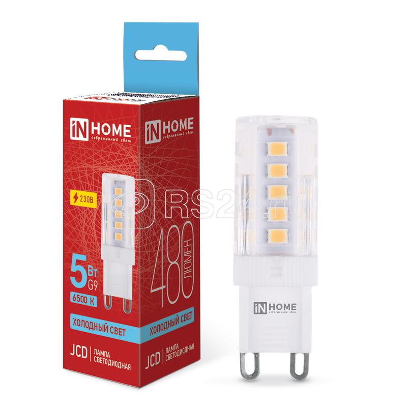 Лампа светодиодная LED-JCD 5Вт капсульная прозрачная 6500К холод. бел. G9 480лм 230В IN HOME 4690612036342