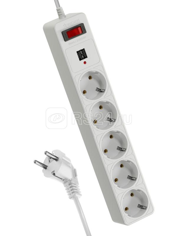 Удлинитель с сетевым фильтром 5х3м с заземл. 10А IP20 2.2кВт 2хUSB 3х0.75 с предохранителем КОСМОС FKsm3m-5g(W)USB