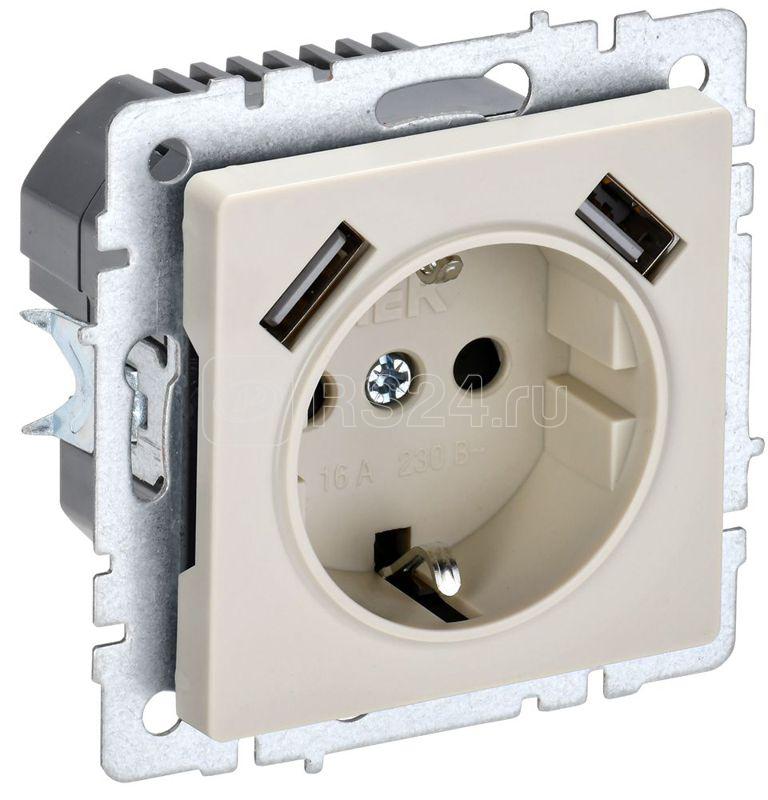 Розетка BRITE РЮш10-1-БрКр 16А с USB A+A 2.1А с заземл. защ. шторки механизм беж. IEK BR-R14-16-U21-D21-K10