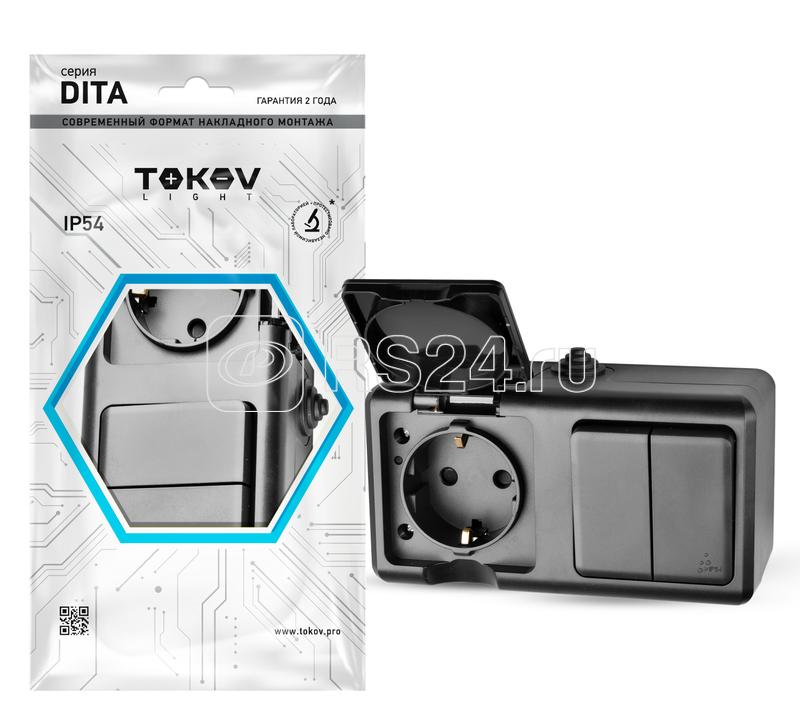 Блок ОП Dita (розетка 16А 250В с заземл. + 2-кл. выкл. 10А) IP54 карбон TOKOV ELECTRIC TKL-DT-V2RZ-C14-IP54