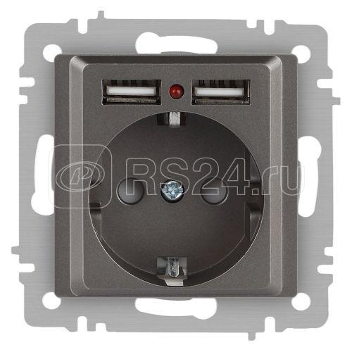 Розетка 1-м СП Accent 6-410-09 16А IP20 250В P+E Schuko + 2хUSB защ. шторки титан Intro Б0063711