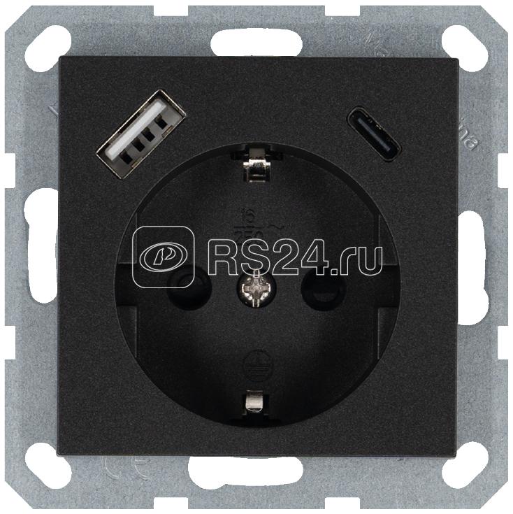 Розетка Shuko 16А с заземл. защ. шторки с 2-мя заряд. устройствами USB тип A+C 25Вт механизм антрацит Jasmart G5501USB-25B
