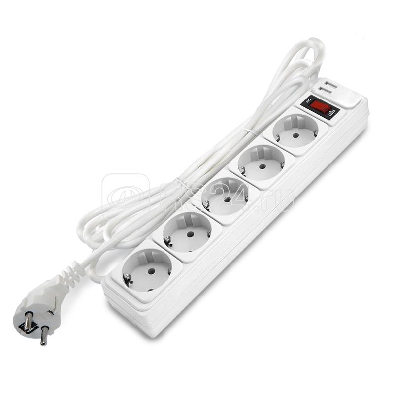 Удлинитель с сетевым фильтром 5х3м с заземл 10А 2.2кВт IP20 2хUSB ПВС 3х1 с выкл. бел. DOMTOK 2565