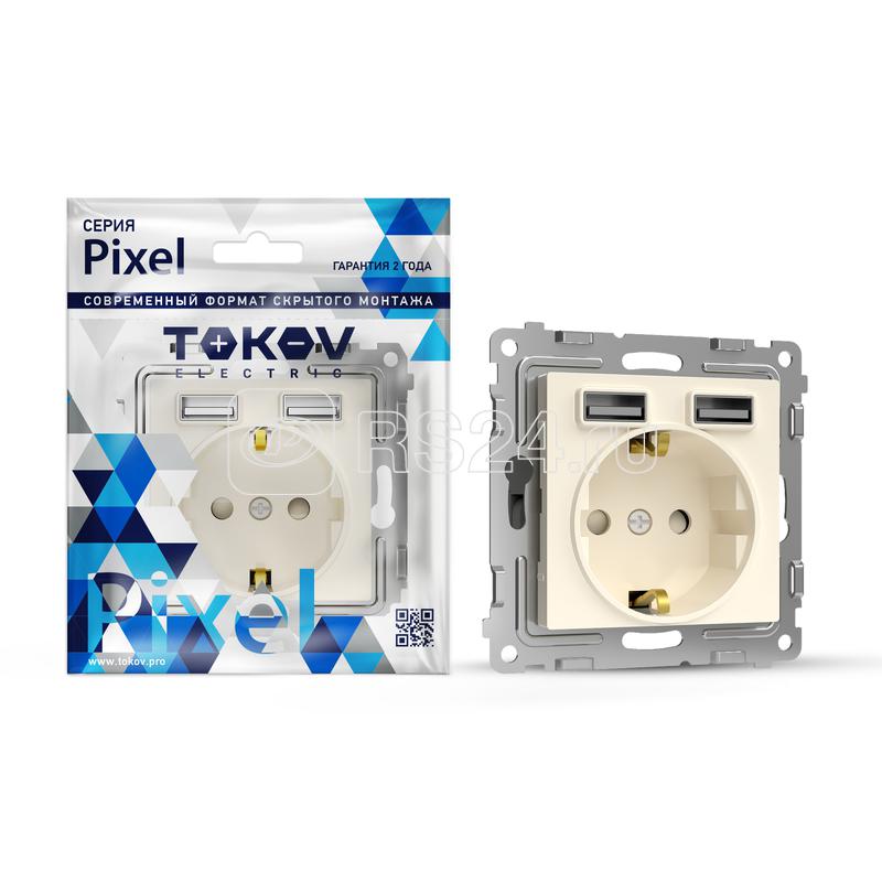 Розетка 1-м СП Pixel с заземл. с 2-мя заряд. устр. USB тип A+A механизм беж. TOKOV ELECTRIC TKE-PX-R1U2A-C02
