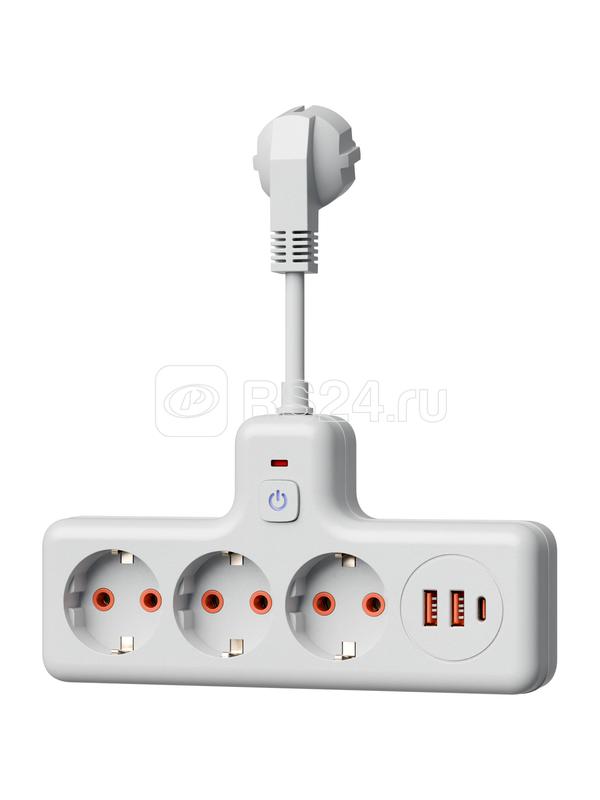 Удлинитель с сетевым фильтром 3х0.3м 10А 2USB + 1USBC 2500Вт ПВС 3х1 компакт бел. КОСМОС FRKsm0.3m-3g(W)USB