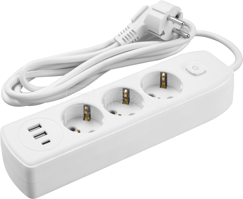 Удлинитель 3х5м с заземл. 10А IP20 90 840 OPE-USB-03-500-ESC-3x1 USB 2xType-A + Type-C с кнопкой ОНЛАЙТ 90840