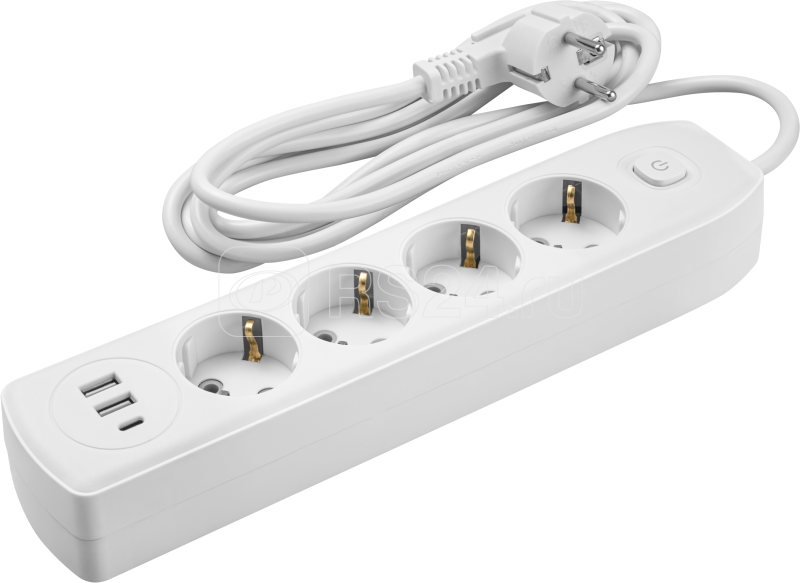 Удлинитель 4х3м с заземл. 10А IP20 90 842 OPE-USB-04-300-ESC-3x1 USB 2xType-A + Type-C с кнопкой ОНЛАЙТ 90842