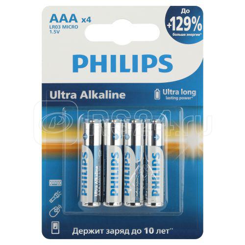 Элемент питания алкалиновый AAA/LR03 1.5В Ultra (уп.4шт) LR03E4B/51 Philips Б0062734