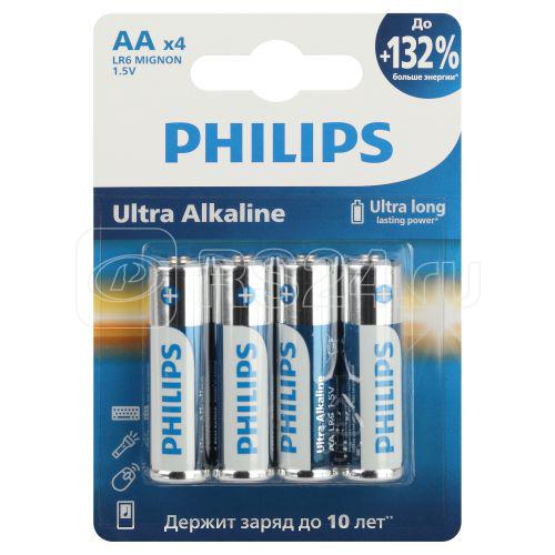 Элемент питания алкалиновый AA/LR6 1.5В Ultra (уп.4шт) LR6E4B/51 Philips Б0062694