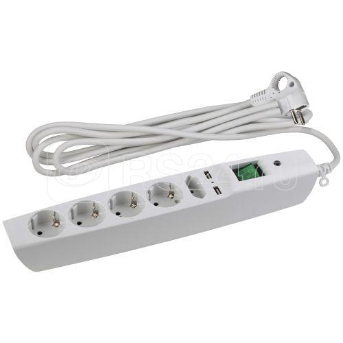 Удлинитель с сетевым фильтром 5х2м с заземл. 10А IP20 U-5es-2m-W 2хUSB ПВС 3х0.75 с выкл. защ. шторки бел. Эра C0043327