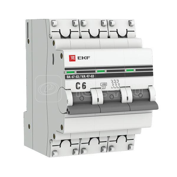 Выключатель автоматический модульный 3п C 6А 4.5кА ВА 47-63 PROxima EKF mcb4763-3-06C-pro
