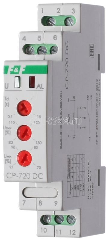 Реле напряжения CP-720DC (однофазное; контроль верхнего и нижнего значений напряжения; выбор напряжения контролир. сети; 1 модуль 30-400В DC 16А 1NO/NC IP20) F&F EA04.009.012